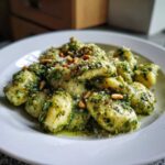 A close-up of tender gnocchi tossed in vibrant green pesto sauce, topped with pine nuts and grated cheese.