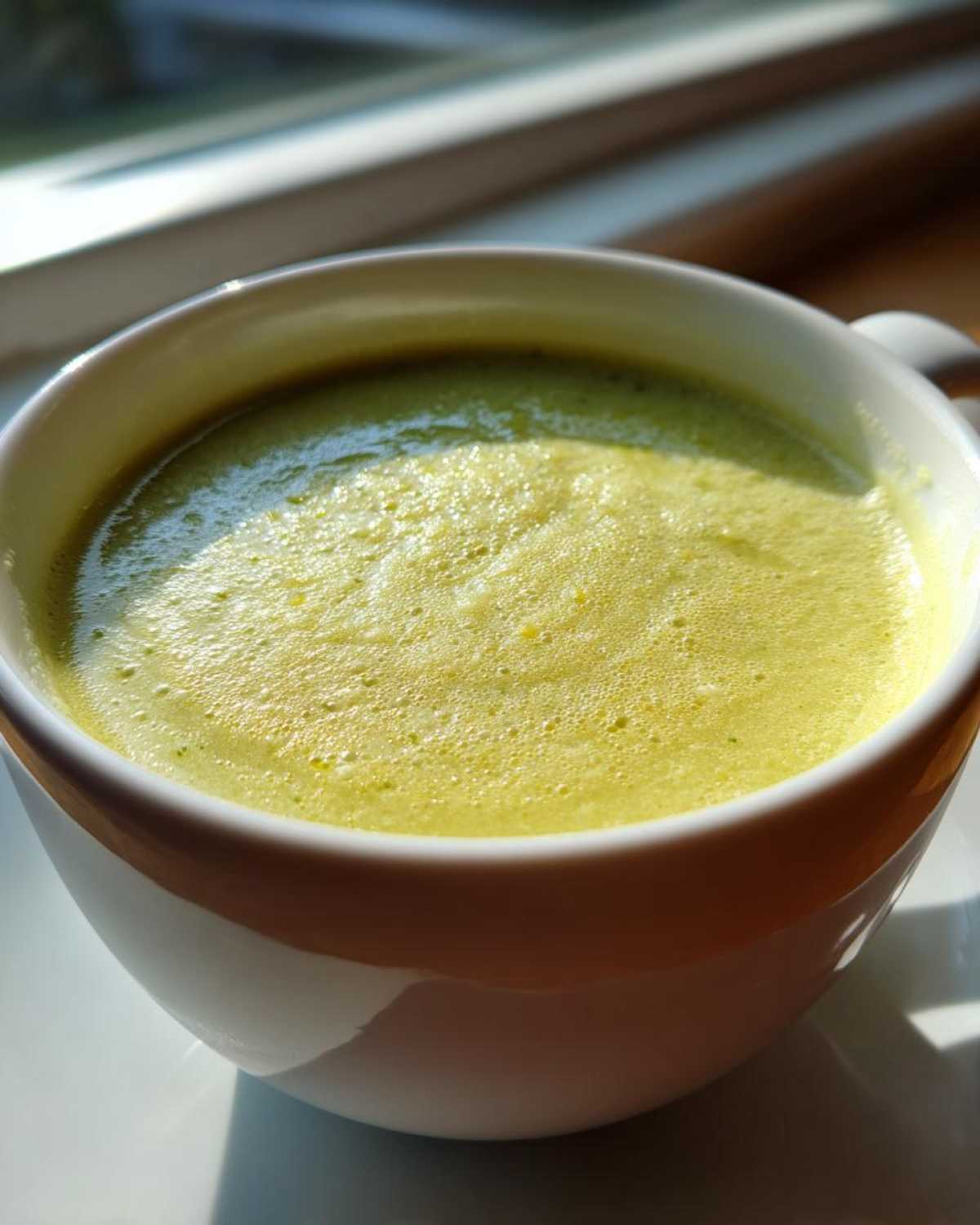 A close-up, brightly lit view of thick, foamy Creamy Potato Leek Soup served in a white mug.