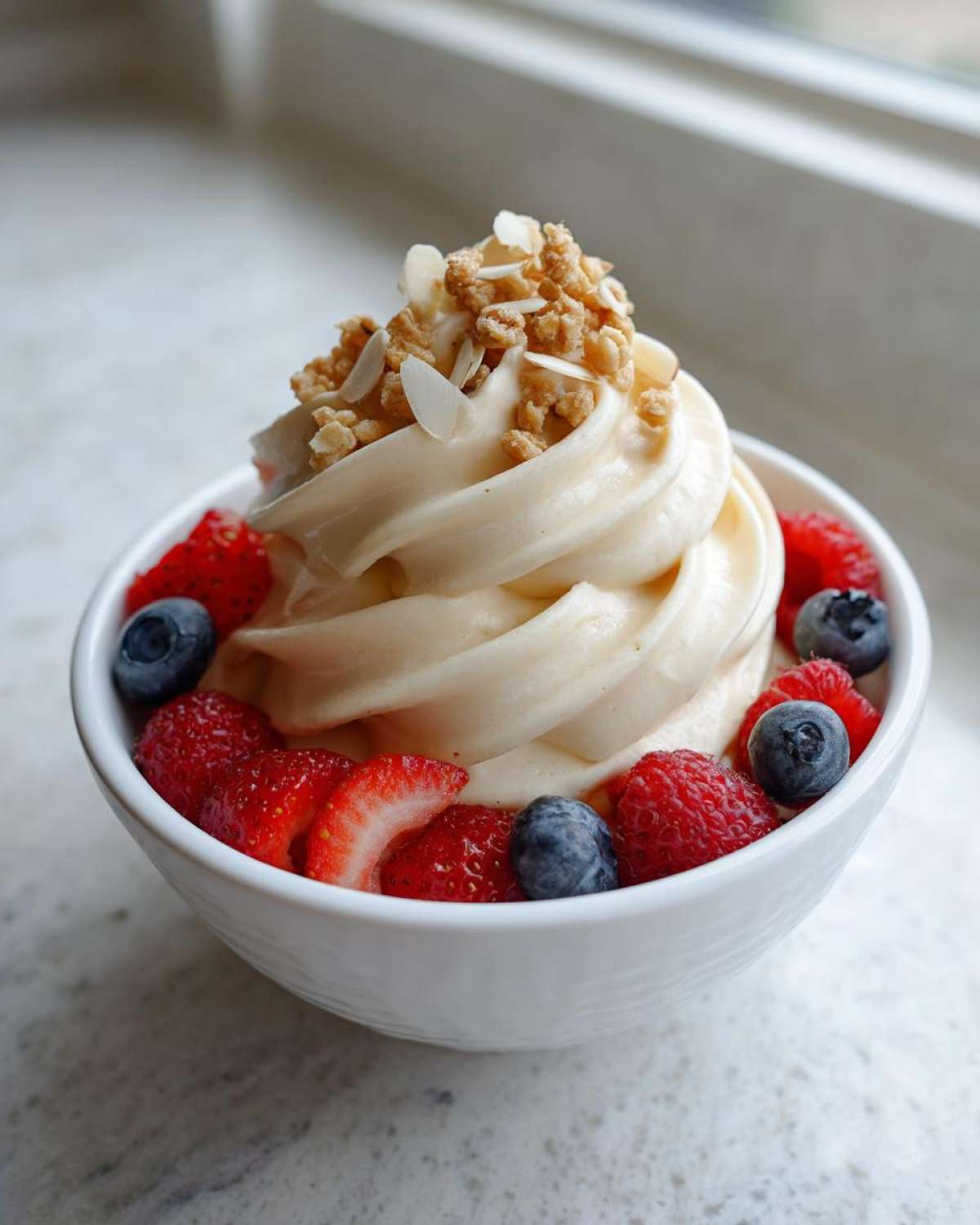 A swirl of Creamy Vanilla Protein Smoothie Bowl topped with granola and fresh berries.