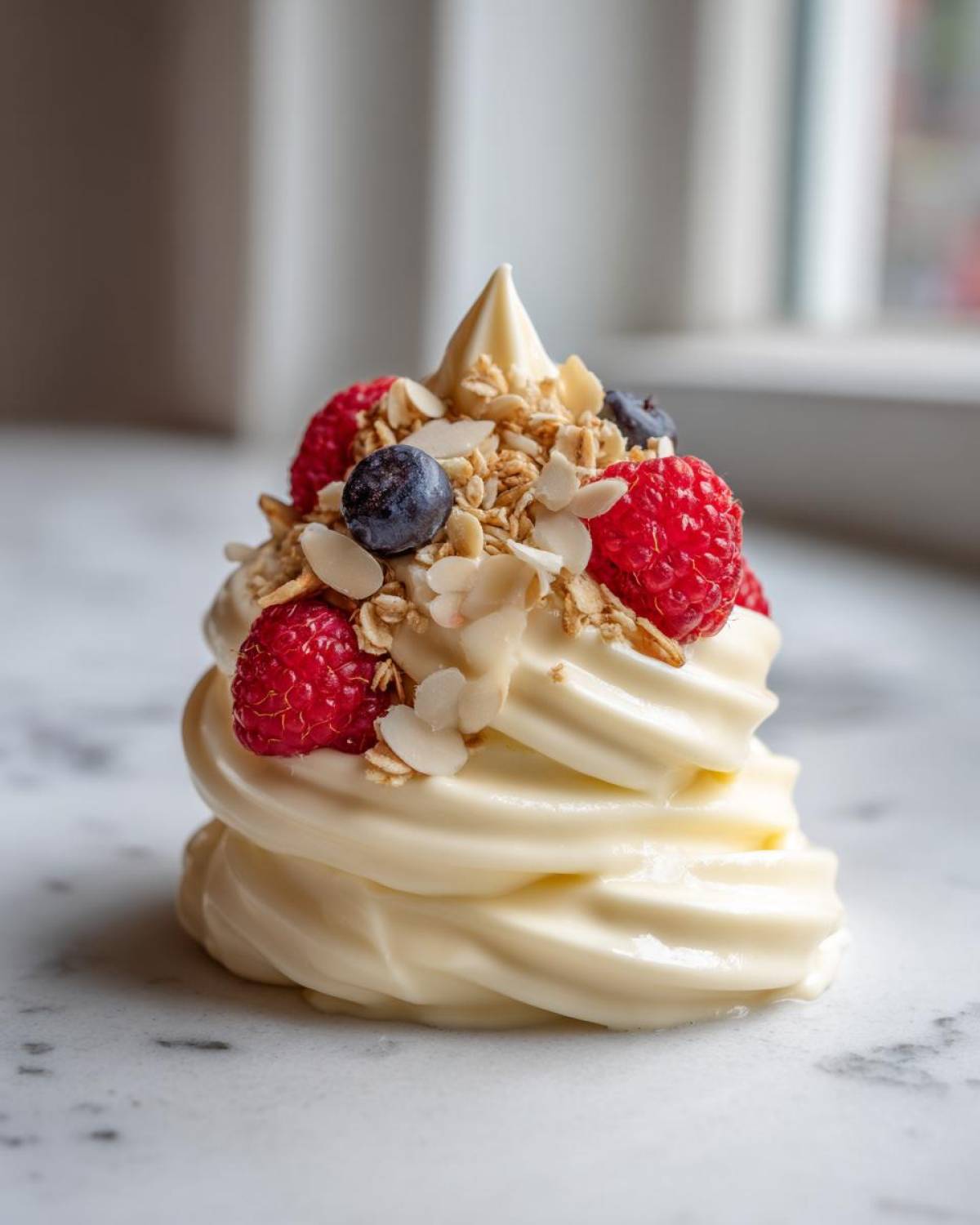 A swirl of Creamy Vanilla Protein Smoothie Bowl topped with fresh raspberries, blueberries, granola, and sliced almonds.