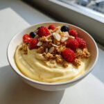 A thick, creamy vanilla protein smoothie bowl topped with fresh raspberries, blueberries, granola, and sliced almonds.