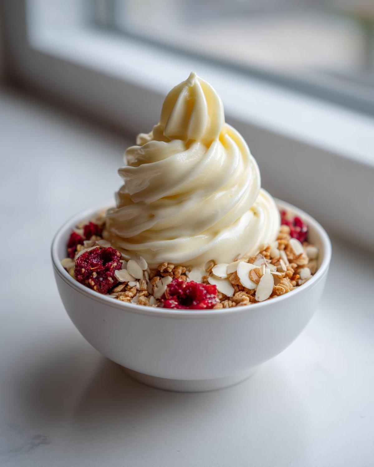 A white bowl filled with a Creamy Vanilla Protein Smoothie Bowl, topped with granola, sliced almonds, and dried raspberries.