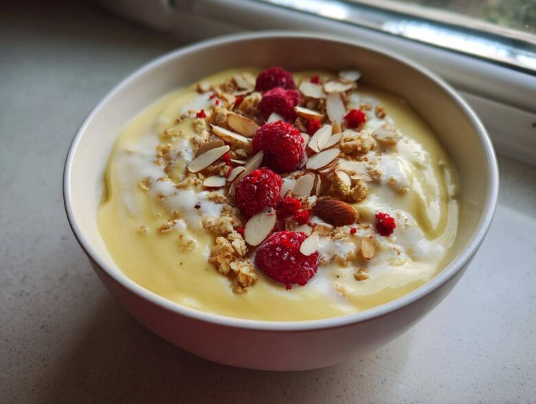 Close-up of a Creamy Vanilla Protein Smoothie Bowl topped with raspberries, granola, and sliced almonds.