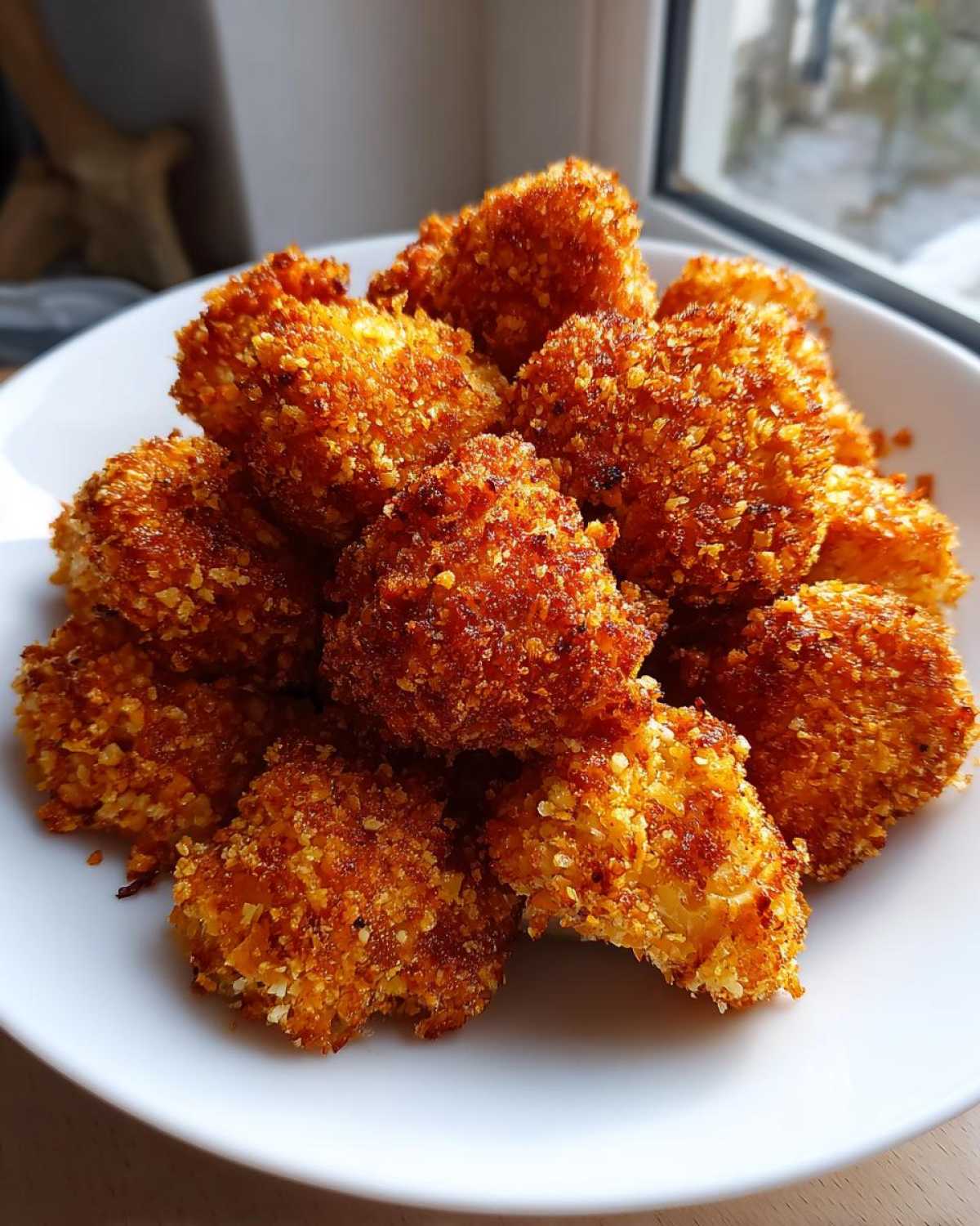 A white plate piled high with golden brown, crispy air fryer cauliflower wings.