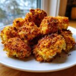A pile of golden brown, crispy air fryer cauliflower wings seasoned with herbs on a white plate.