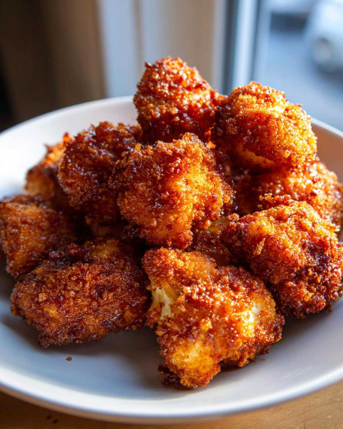 A close-up shot of a white bowl filled with golden brown, crispy air fryer cauliflower wings.