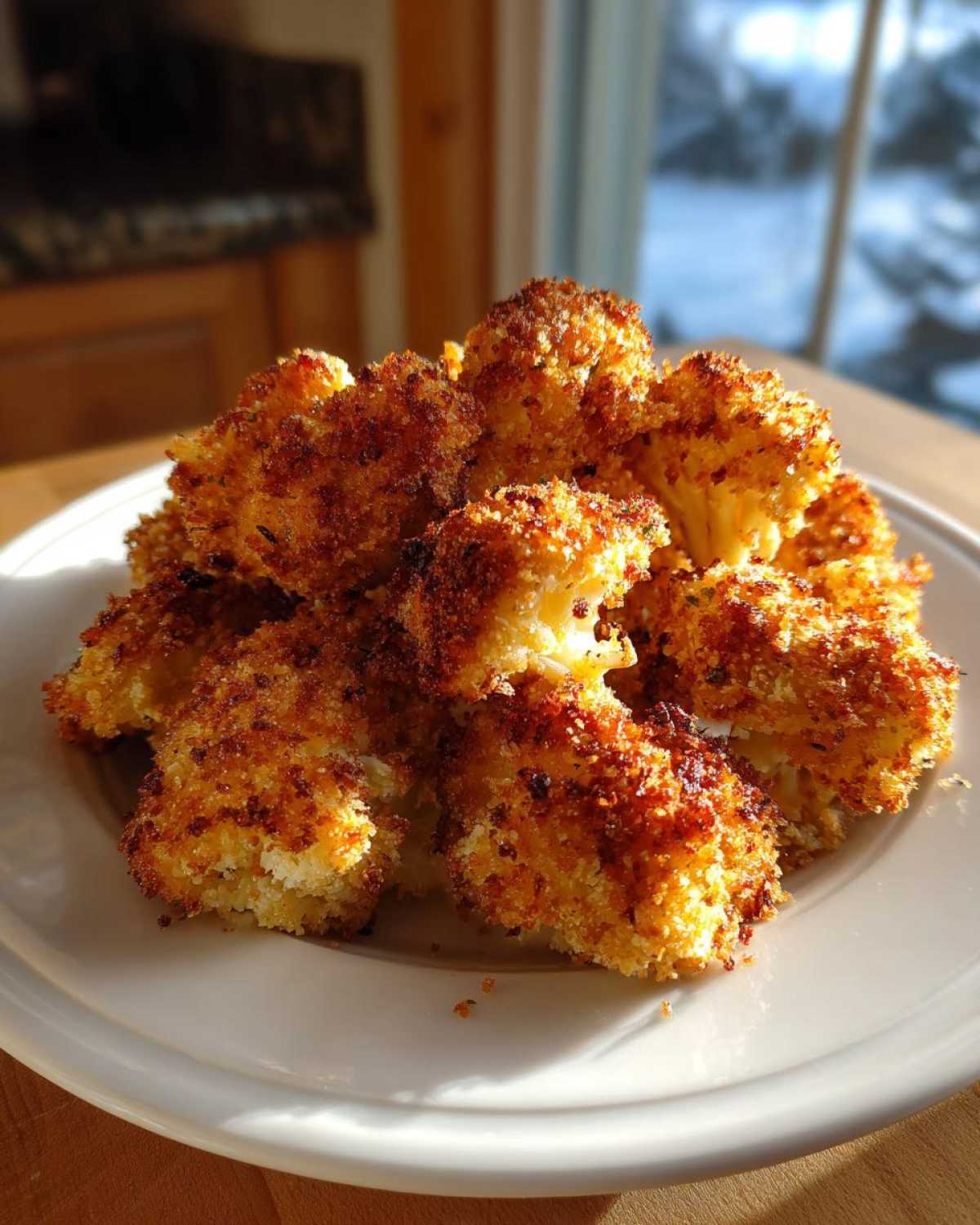 A pile of golden brown, crispy air fryer cauliflower wings served on a white plate.