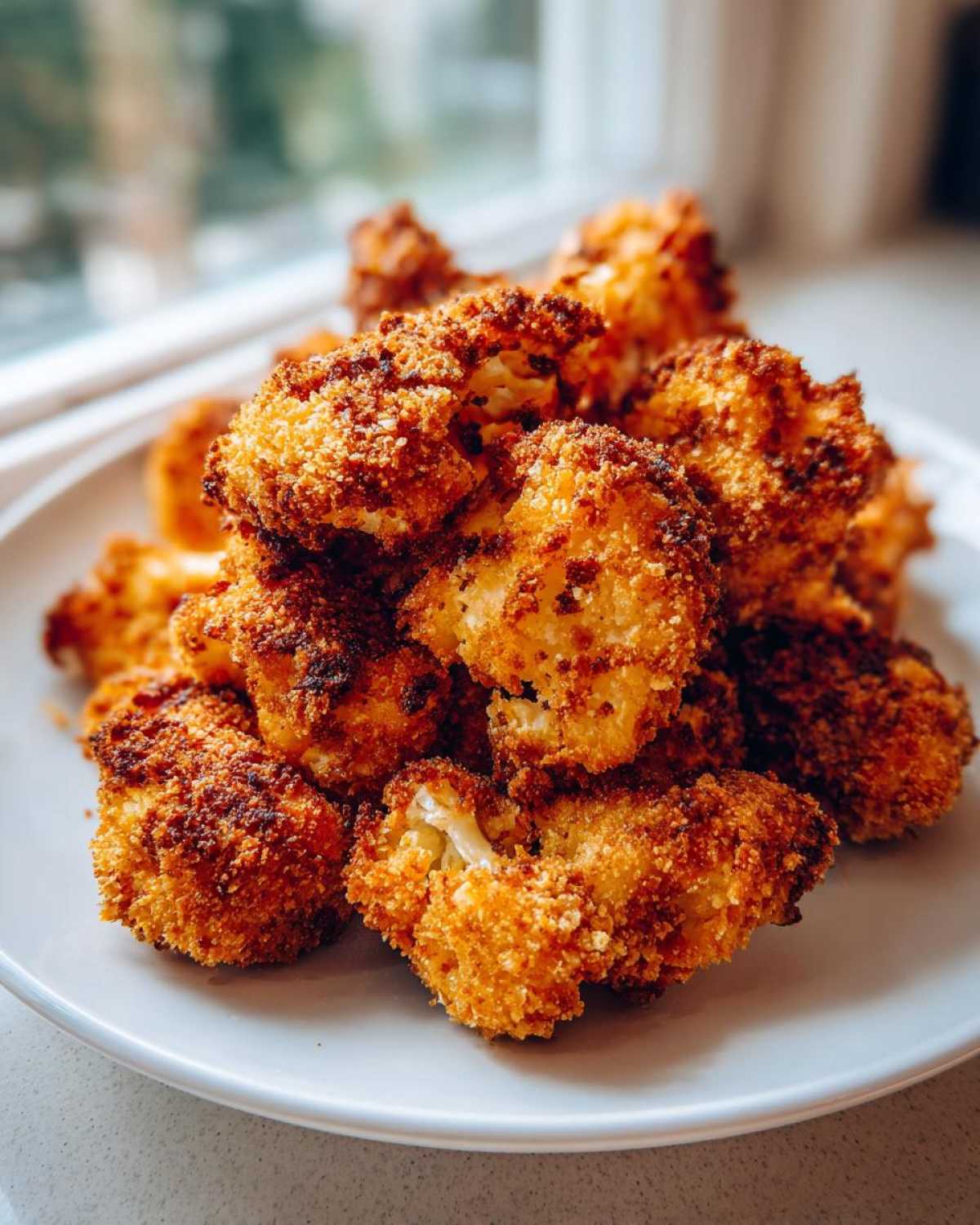 Close-up of golden brown, crispy air fryer cauliflower wings piled high on a light gray plate.