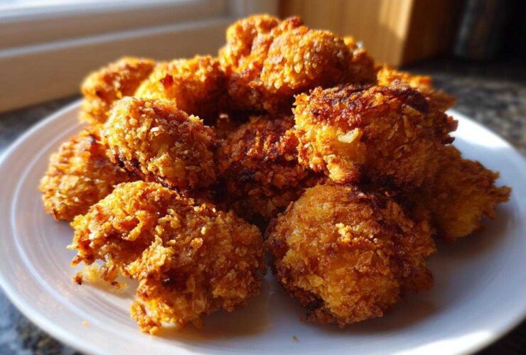 A close-up of golden brown, crispy air fryer cauliflower wings piled high on a white plate, perfectly cooked.