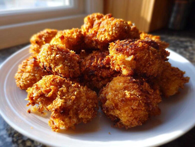 A close-up of golden brown, crispy air fryer cauliflower wings piled high on a white plate, perfectly cooked.