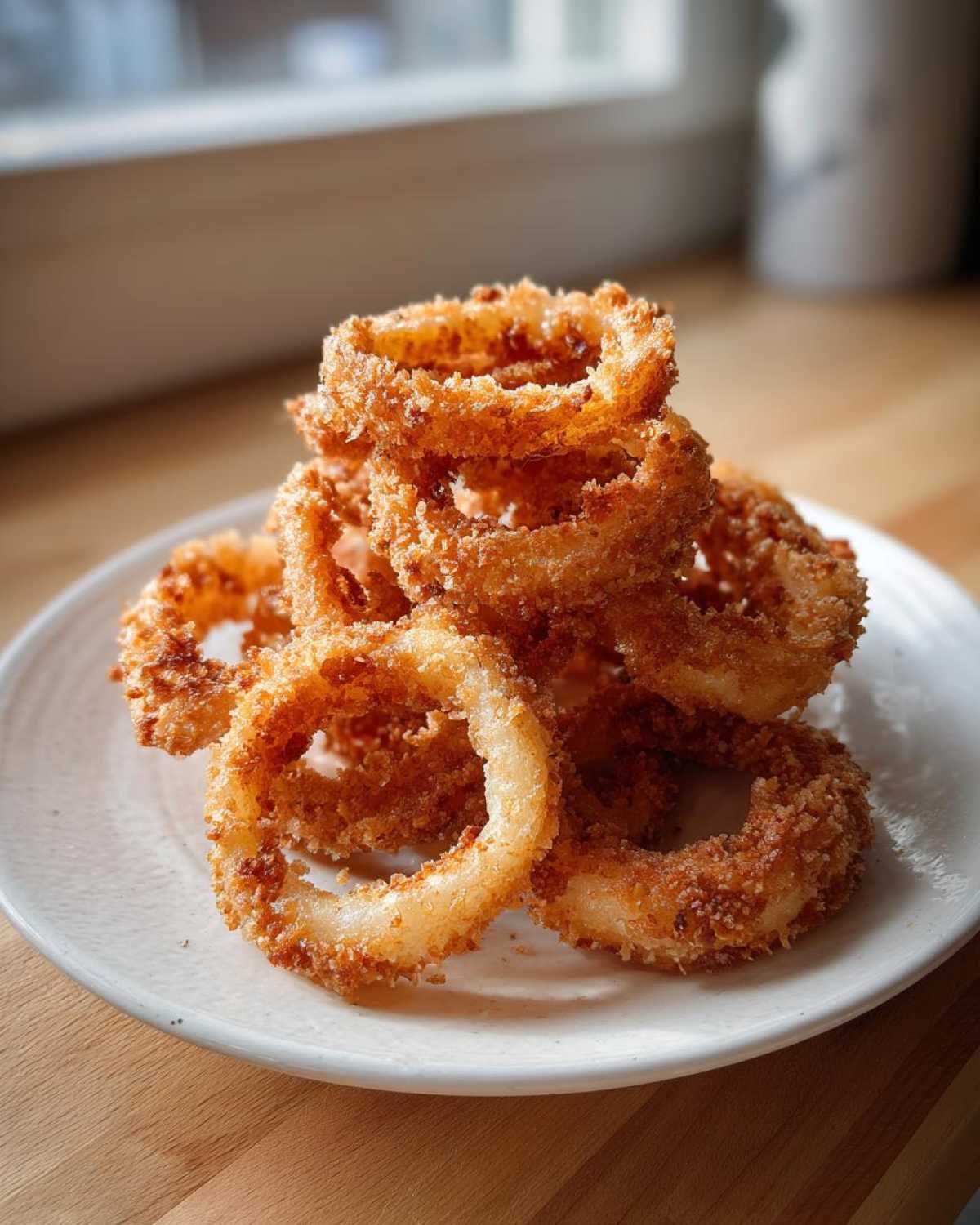 A stack of golden brown, crispy Air Fryer Onion Rings piled high on a white plate.