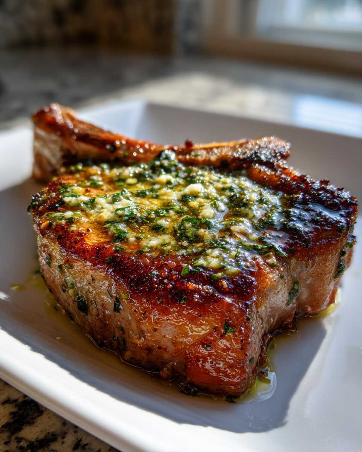 Close-up of a thick, juicy Crispy Air Fryer Pork Chop topped with melted garlic butter and herbs.
