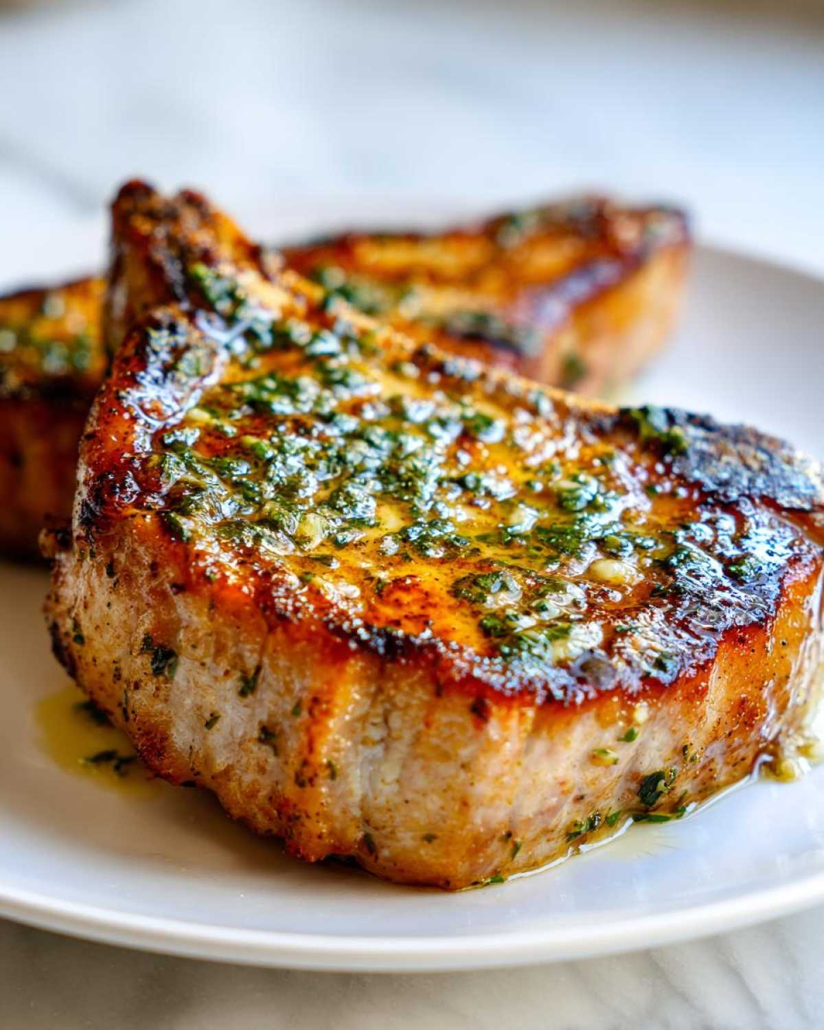Close-up of a juicy, crispy air fryer pork chop topped with melted garlic butter and fresh herbs.