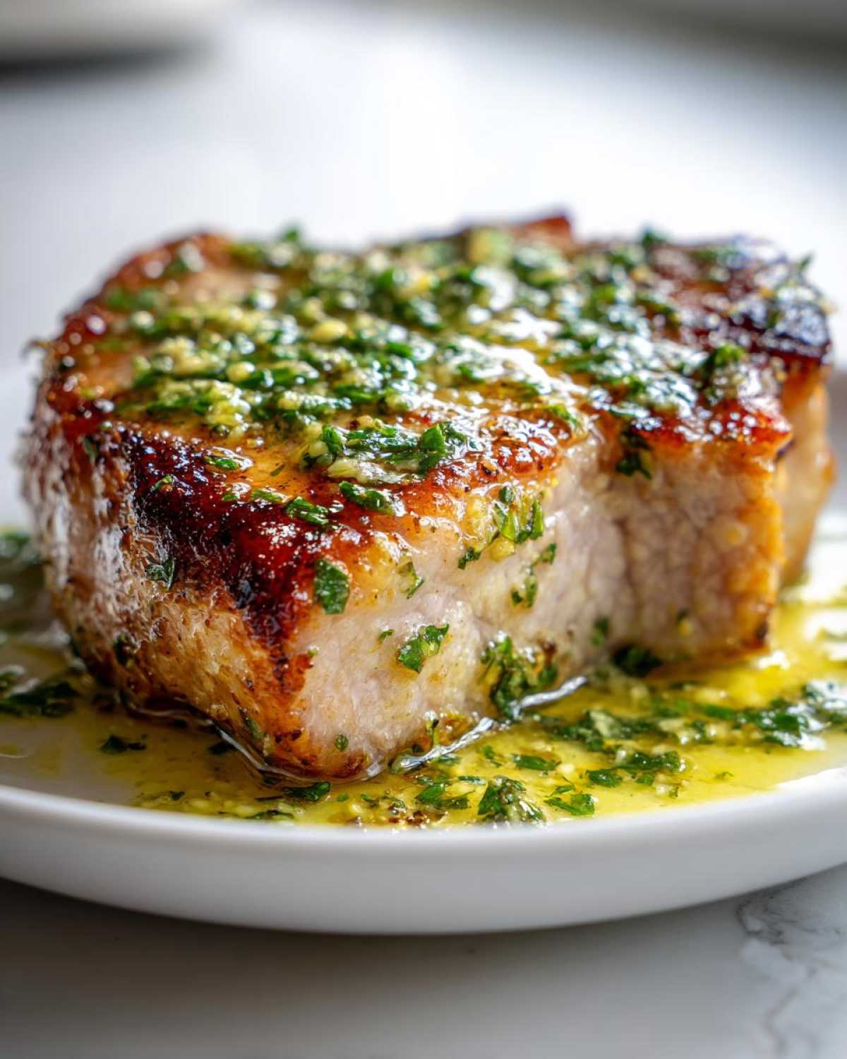 Close-up of a juicy, perfectly cooked Crispy Air Fryer Pork Chop topped with melted garlic butter and fresh parsley.