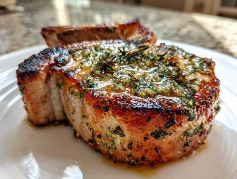 Close-up of a juicy, crispy air fryer pork chop topped generously with glistening garlic butter and herbs.