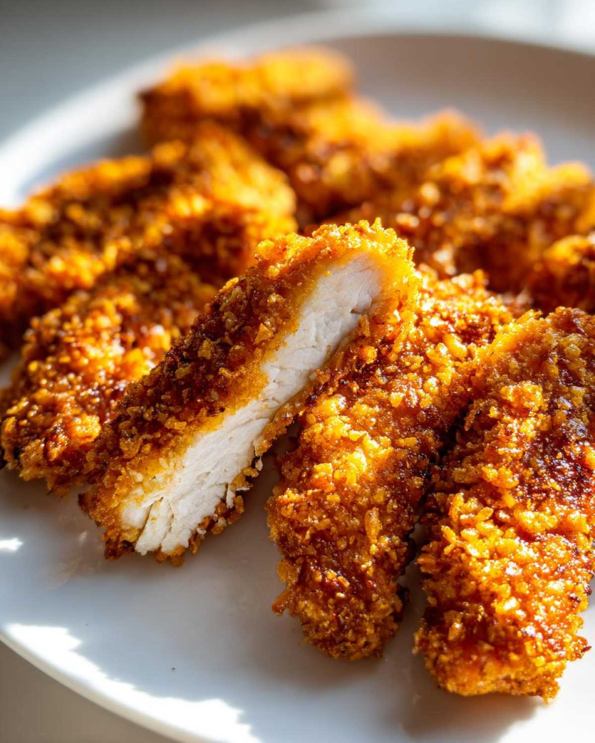 Close-up of Crispy Baked Chicken Tenders with Cornflake Crust, showing the white, cooked interior.