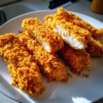 Close-up of golden brown Crispy Baked Chicken Tenders with Cornflake Crust, one piece is sliced showing white meat.