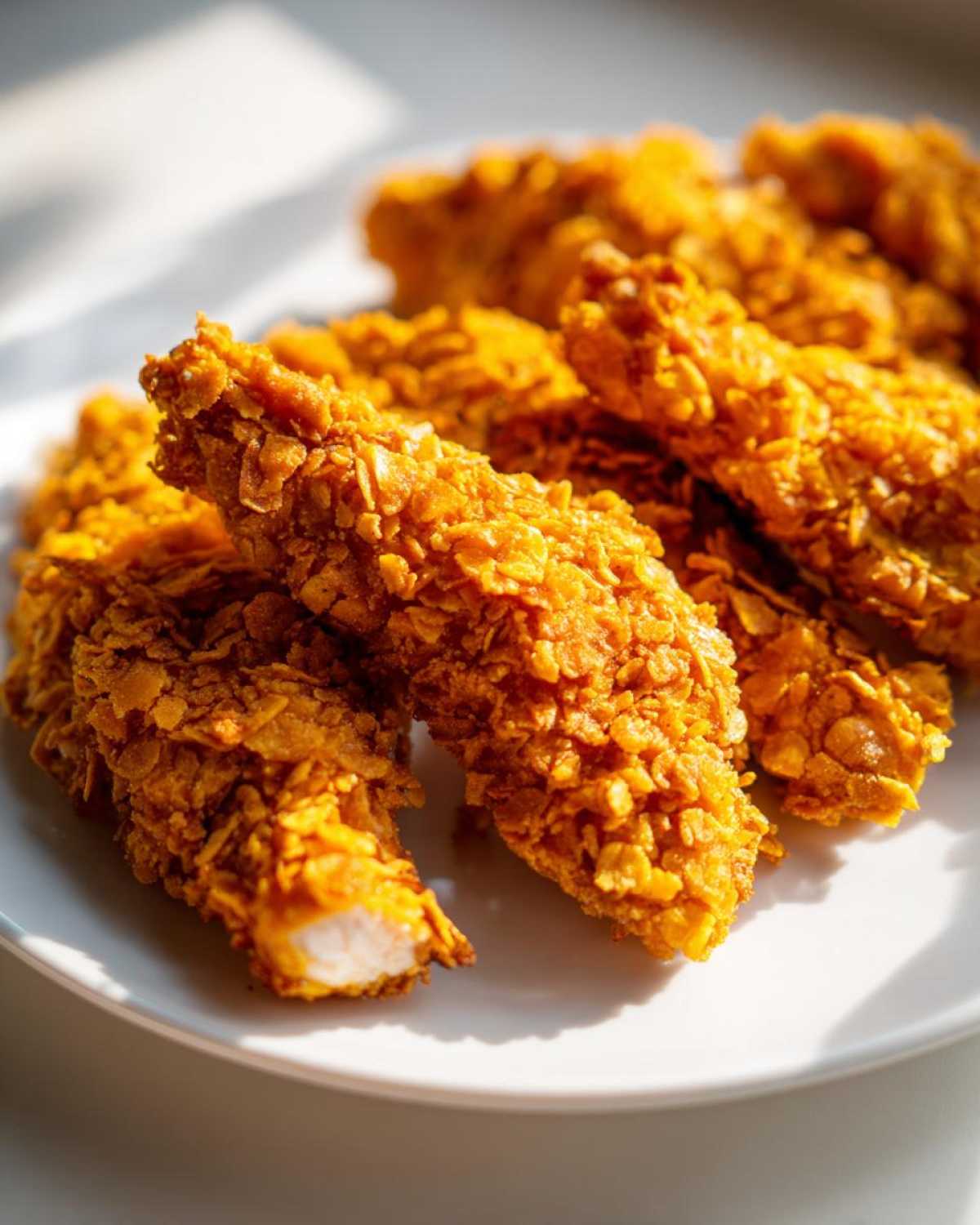 Close-up of golden brown Crispy Baked Chicken Tenders with Cornflake Crust piled on a white plate.