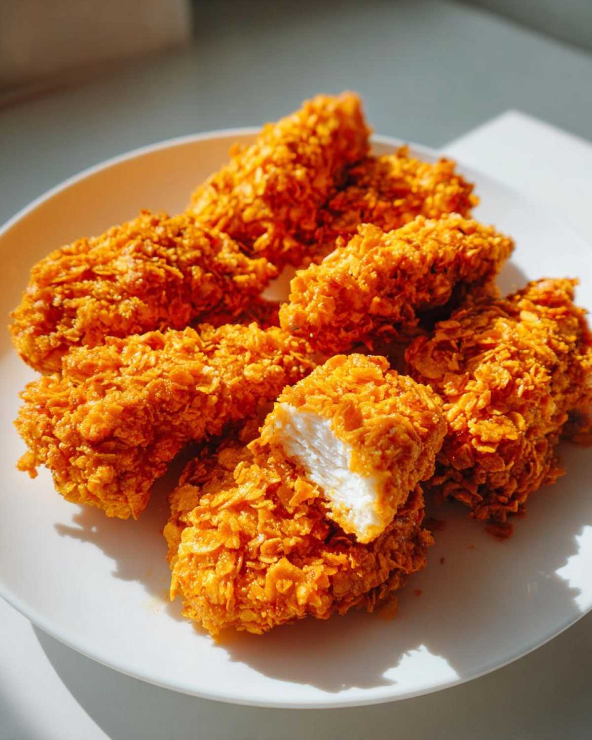 Several golden-brown Crispy Baked Chicken Tenders with Cornflake Crust piled on a white plate, one is broken open showing white meat.