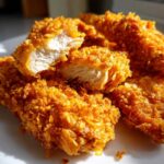 Close-up of golden brown Crispy Baked Chicken Tenders with Cornflake Crust, one piece broken open showing white meat.