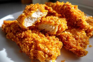 Close-up of golden brown Crispy Baked Chicken Tenders with Cornflake Crust, one piece broken open showing white meat.