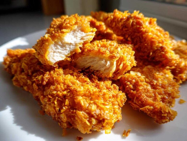 Close-up of golden brown Crispy Baked Chicken Tenders with Cornflake Crust, one piece broken open showing white meat.