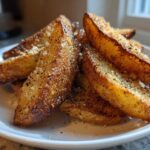 Close-up of golden brown Crispy Baked Garlic Parmesan Potato Wedges seasoned with pepper and cheese.