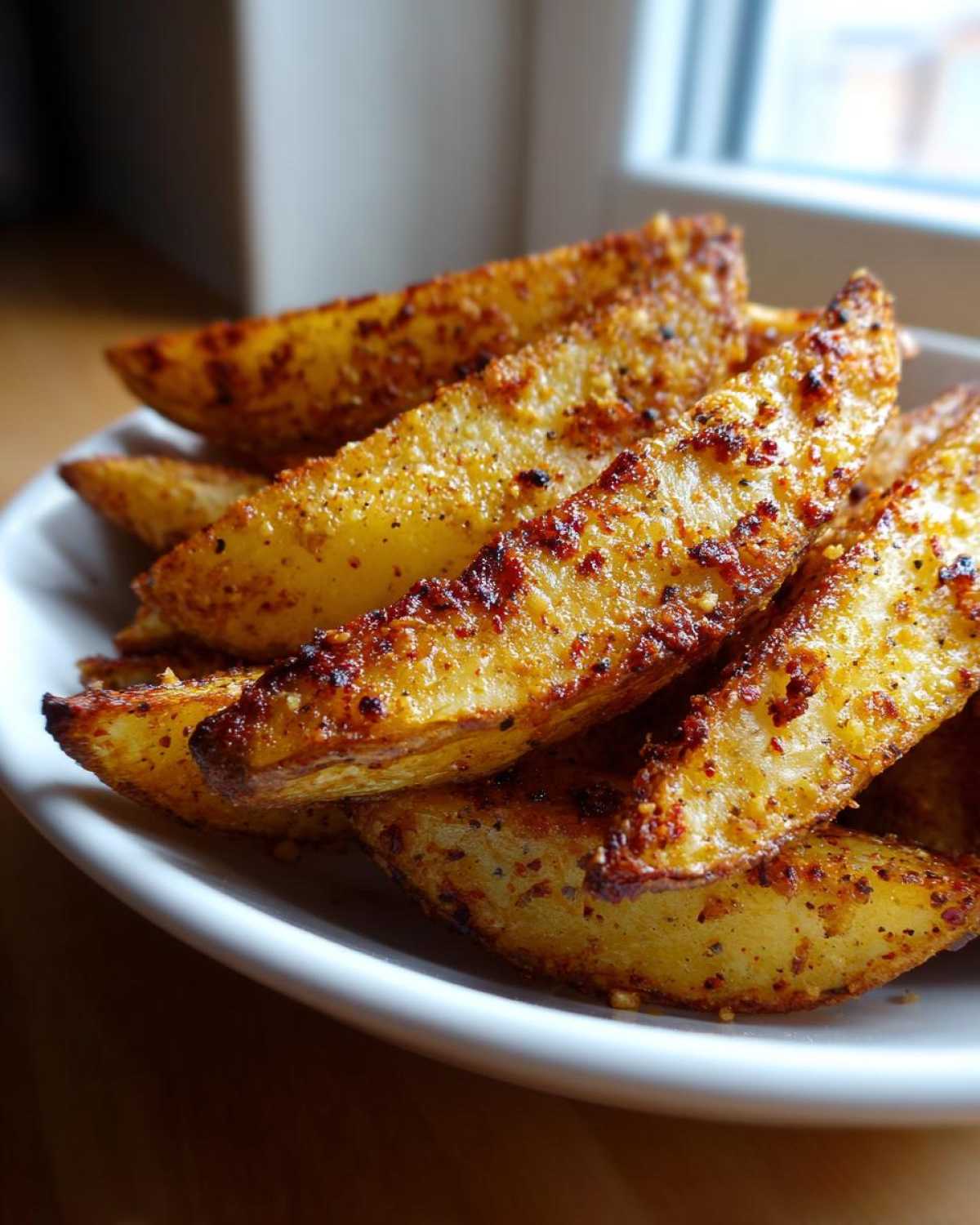 Close-up of golden brown, seasoned Crispy Baked Garlic Parmesan Potato Wedges piled on a white plate.