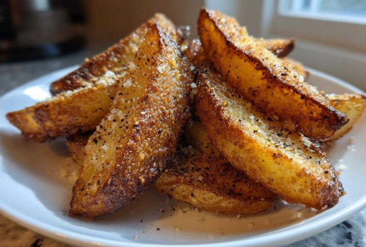Close-up of golden brown Crispy Baked Garlic Parmesan Potato Wedges seasoned with pepper and cheese.