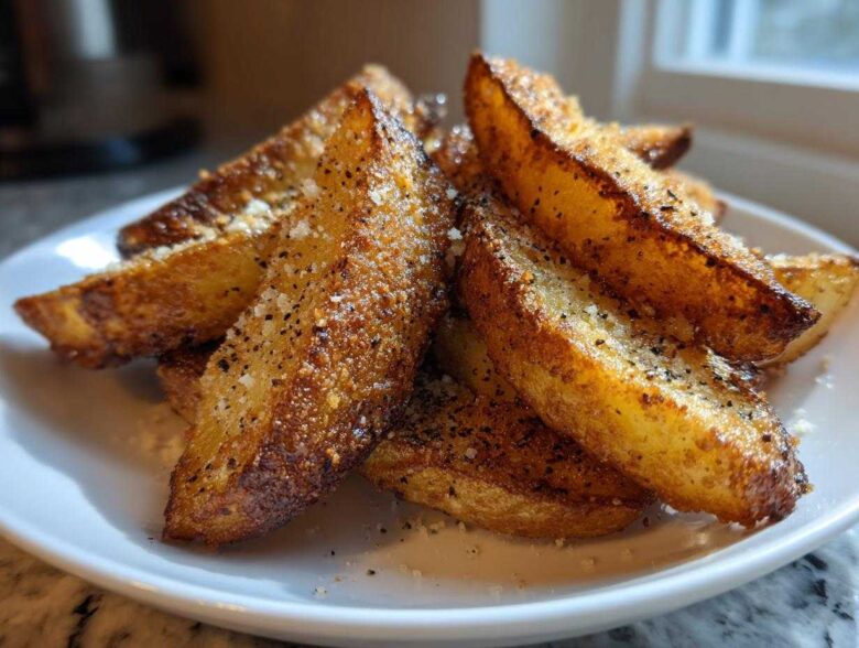 Close-up of golden brown Crispy Baked Garlic Parmesan Potato Wedges seasoned with pepper and cheese.
