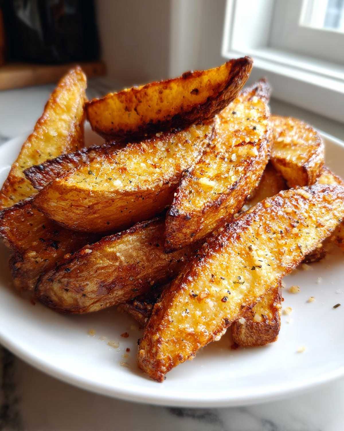 A close-up of golden brown Crispy Baked Garlic Parmesan Potato Wedges piled on a white plate.