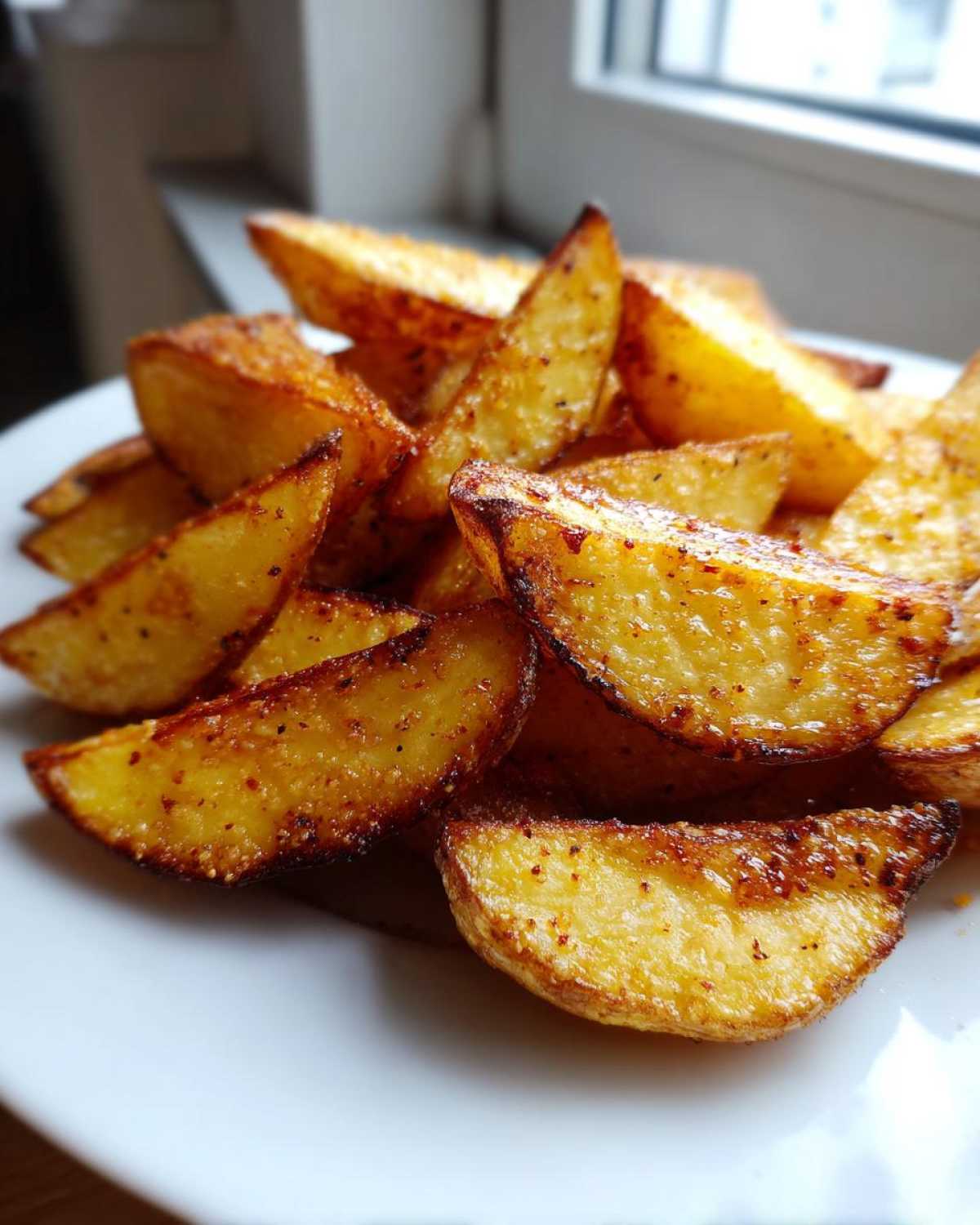 A close-up of golden, crispy baked garlic parmesan potato wedges piled high on a white plate.