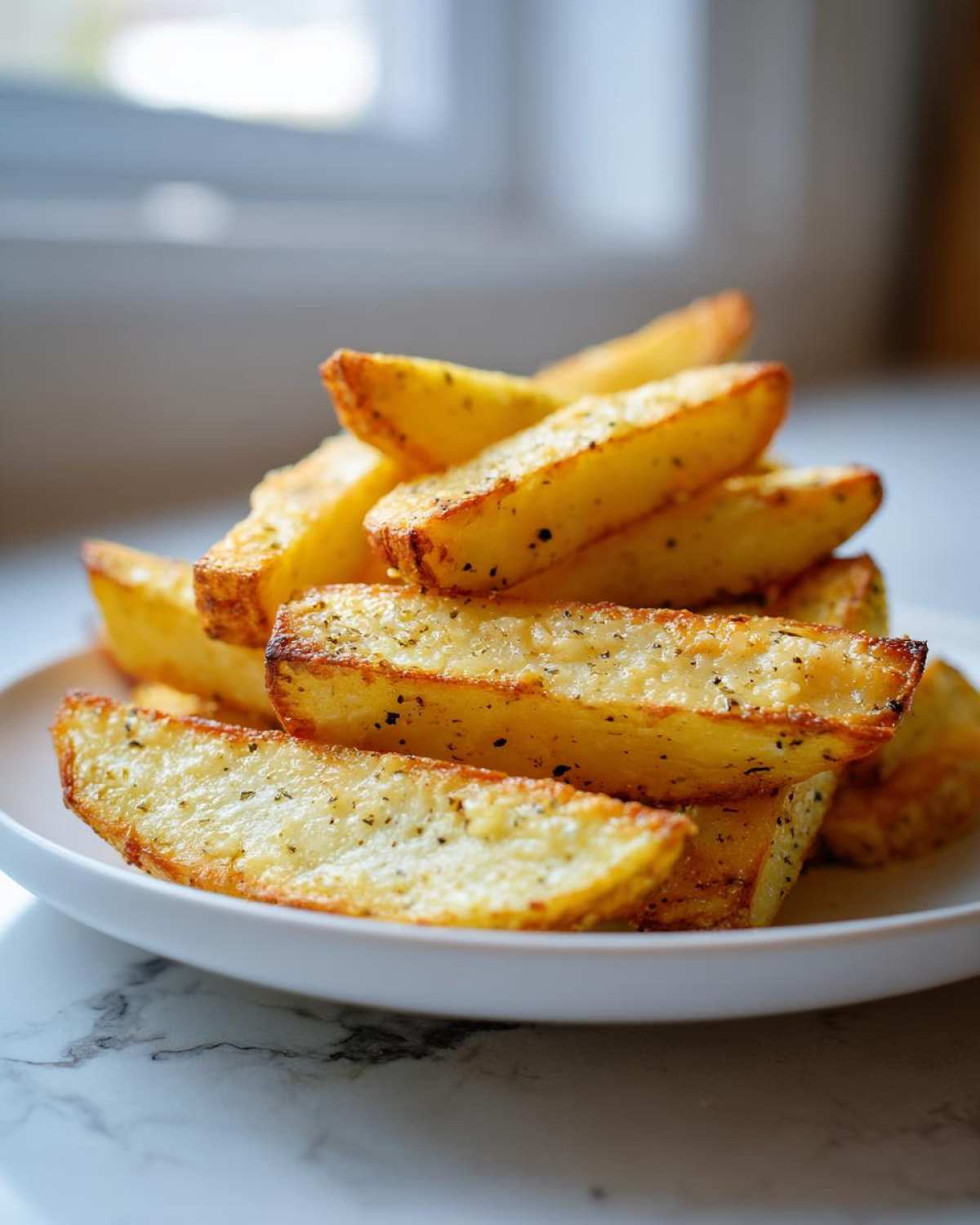 A close-up stack of golden brown Crispy Baked Garlic Parmesan Potato Wedges seasoned with herbs on a white plate.