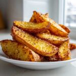A stack of golden brown Crispy Baked Garlic Parmesan Potato Wedges seasoned with visible herbs and cheese.