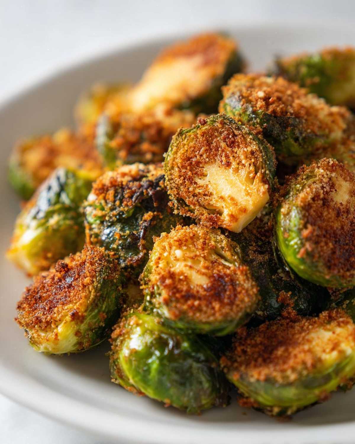 A close-up shot of roasted Brussels sprouts halves coated in crispy, browned Parmesan breading, showcasing the texture of the Crispy Parmesan Brussels Sprouts.