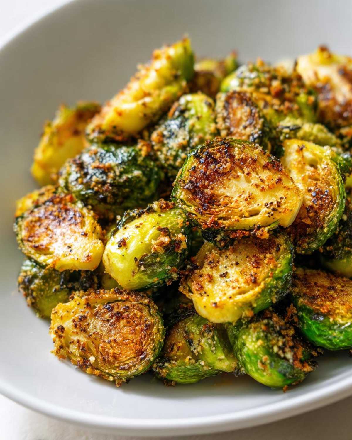 Close-up of perfectly roasted Crispy Parmesan Brussels Sprouts, showing caramelized edges and a cheesy, browned topping.