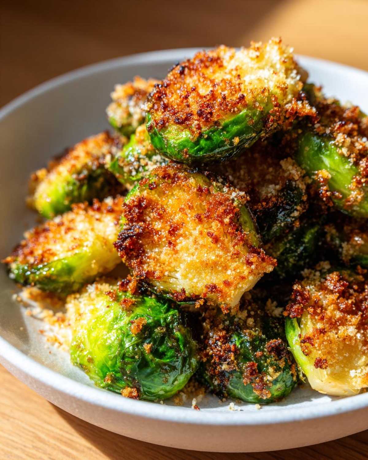 Close-up of vibrant green Crispy Parmesan Brussels Sprouts piled high in a light-colored bowl, featuring a golden-brown, crunchy topping.