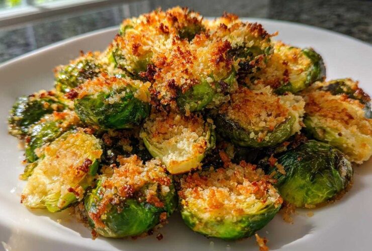 A plate of perfectly roasted Crispy Parmesan Brussels Sprouts with a golden, crunchy topping.