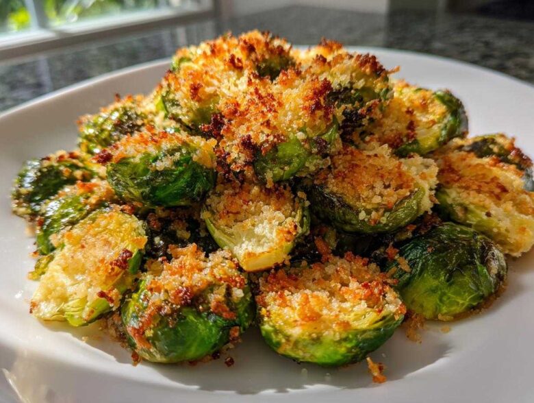 A plate of perfectly roasted Crispy Parmesan Brussels Sprouts with a golden, crunchy topping.