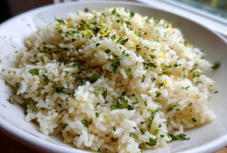Close-up of fluffy Cilantro Lime Rice topped with chopped herbs and lemon zest in a white bowl.
