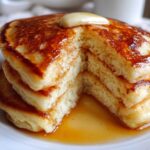 A stack of fluffy Gluten-Free Buttermilk Pancakes cut open, topped with melting butter and drizzled with syrup.