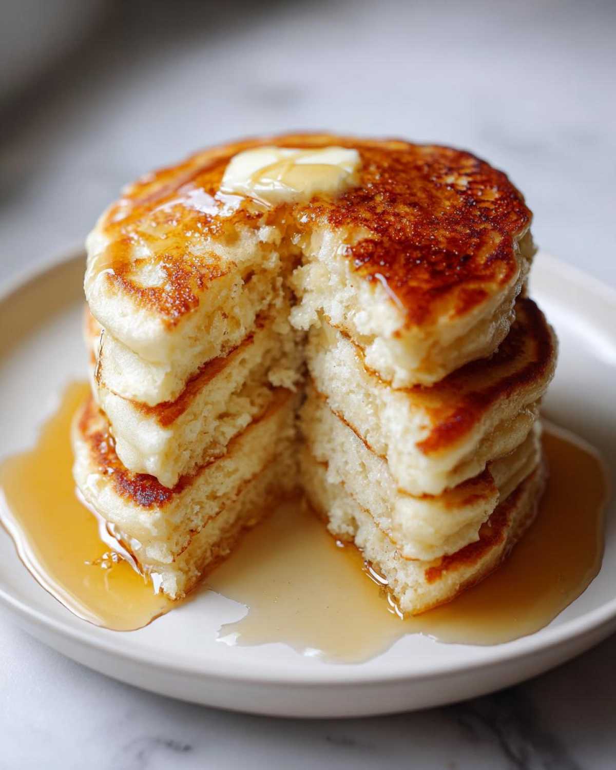 A tall stack of fluffy Gluten-Free Buttermilk Pancakes cut open, topped with melting butter and dripping with maple syrup.