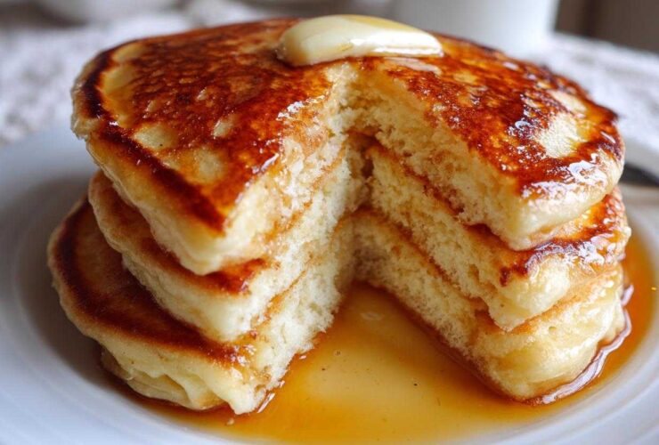A stack of fluffy Gluten-Free Buttermilk Pancakes cut open, topped with melting butter and drizzled with syrup.