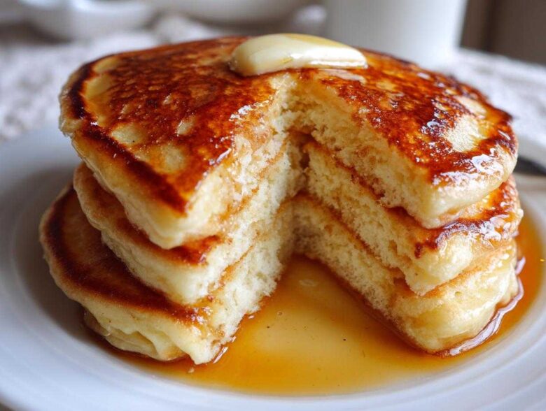 A stack of fluffy Gluten-Free Buttermilk Pancakes cut open, topped with melting butter and drizzled with syrup.