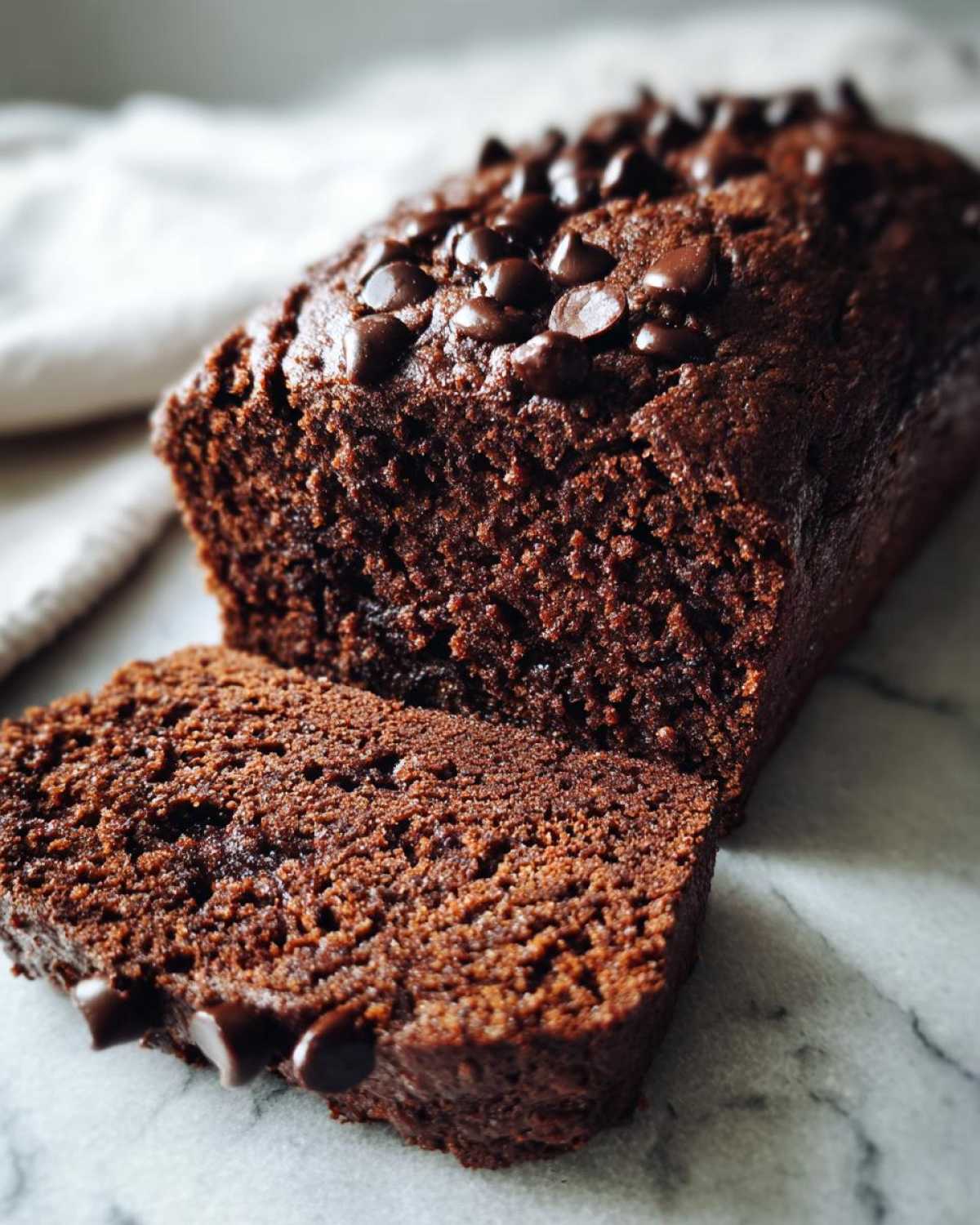 A loaf of fudgy Vegan Chocolate Banana Bread, partially sliced, topped with melted chocolate chips.