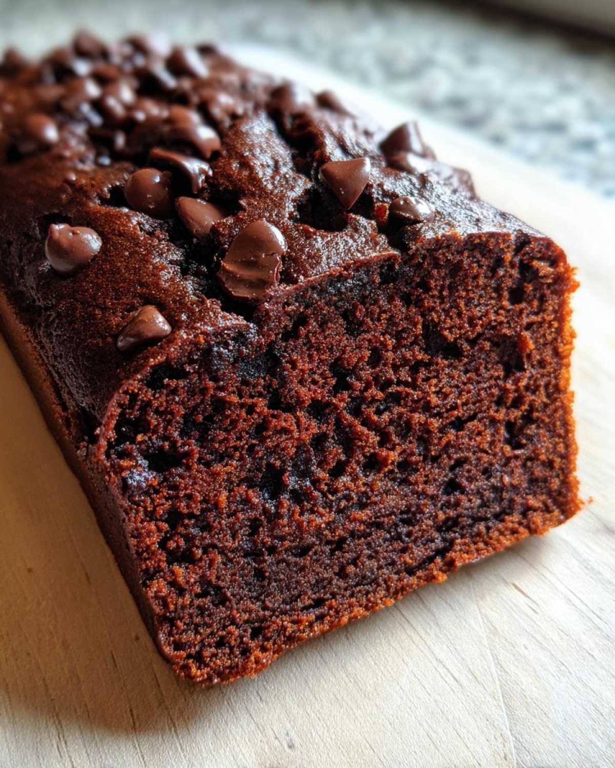 Close-up of a freshly baked, fudgy Vegan Chocolate Banana Bread loaf topped with melted chocolate chips.