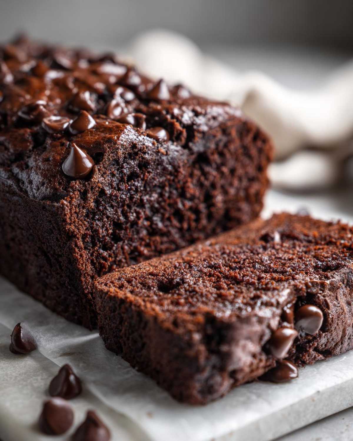 Close-up of fudgy Vegan Chocolate Banana Bread, sliced and topped with melted chocolate chips.