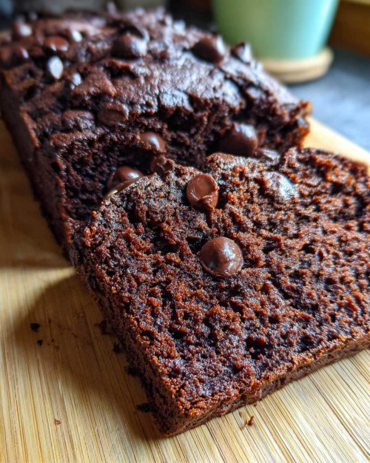 A close-up shot of a rich, dark slice of Vegan Chocolate Banana Bread topped with melted chocolate chips.