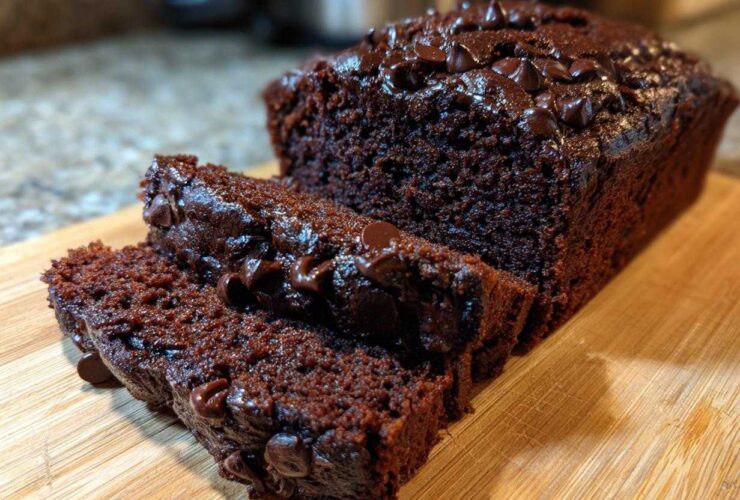 A close-up of fudgy Vegan Chocolate Banana Bread, sliced and topped with melted chocolate chips on a wooden board.