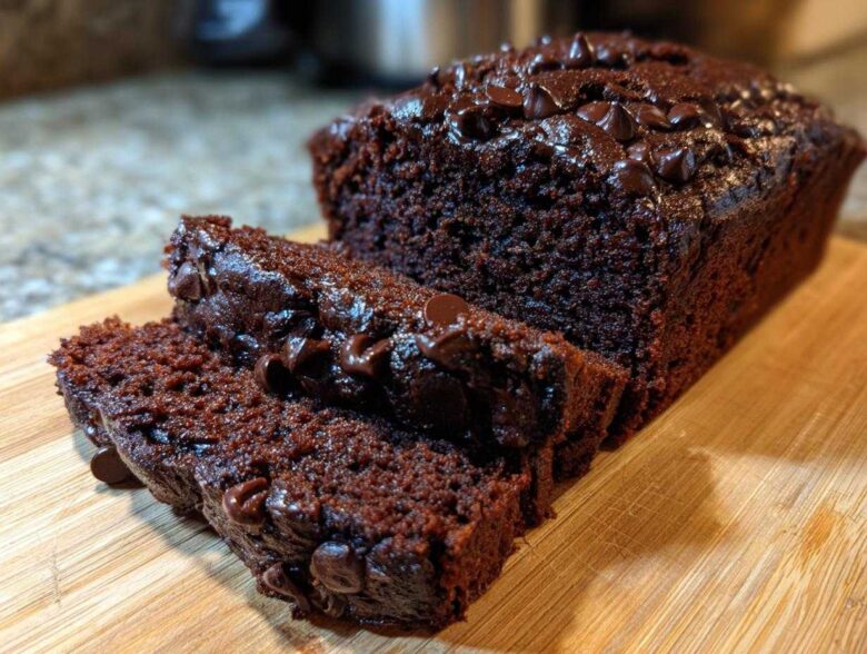 A close-up of fudgy Vegan Chocolate Banana Bread, sliced and topped with melted chocolate chips on a wooden board.